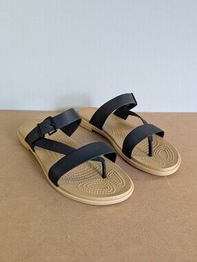 CROCS Tulum Toe Post Sandal, Strappy Black Thong Sandal w Buckle, Size 11